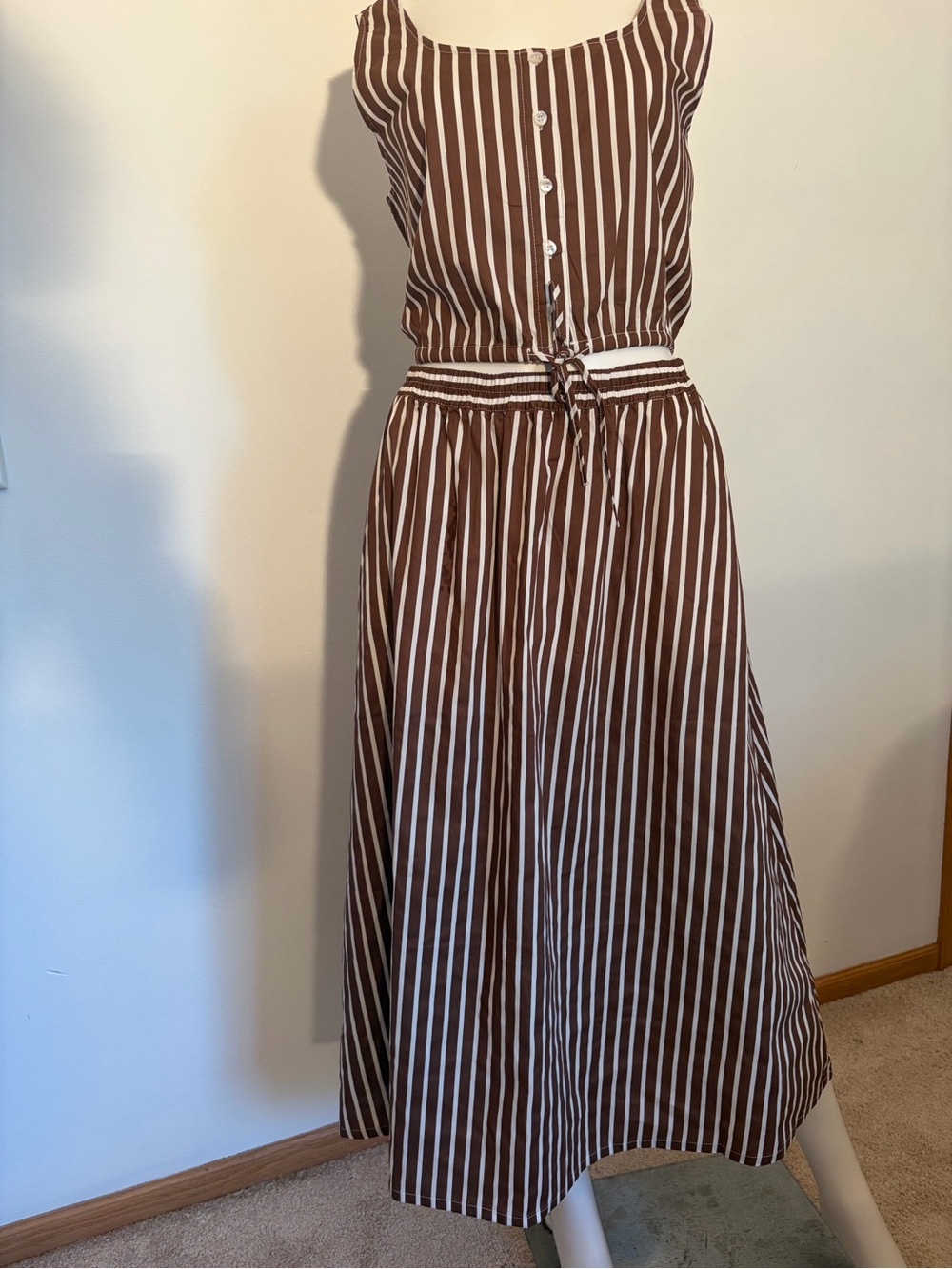 #861 Love Tree Pretty 2 piece Brown and White Striped Maxi skirt set